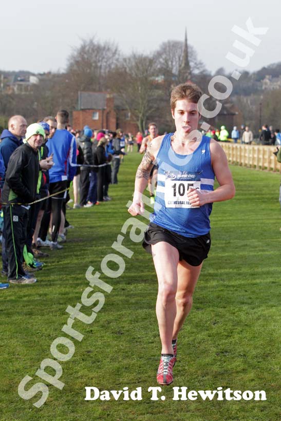 Lewis Timmins brings Morpeth Harriers home in first place, 2013 Durham Cathedral Relays senior mens race.